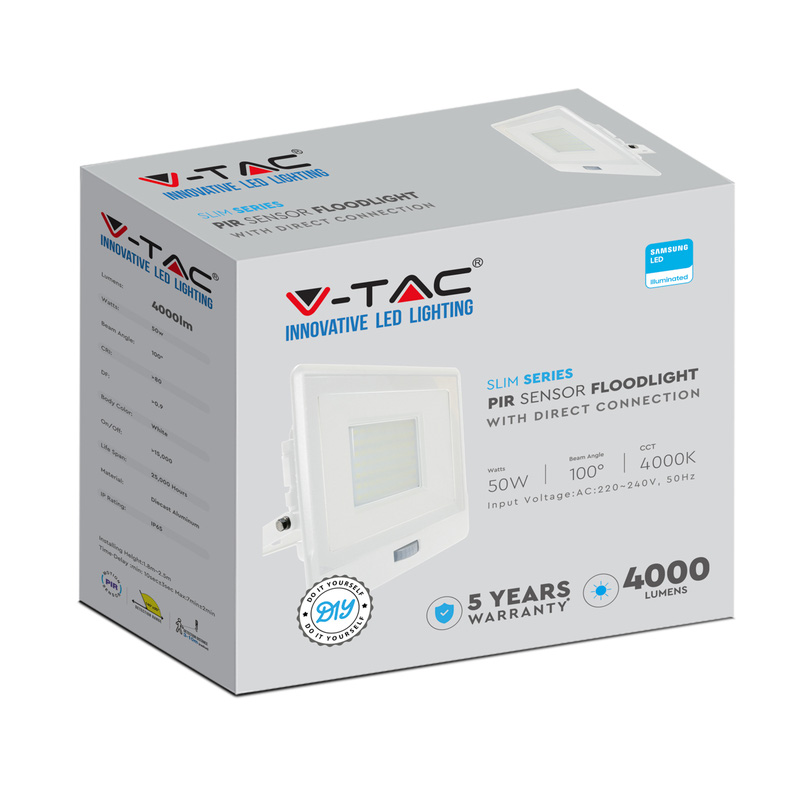 V-TAC IP65 LED PIR Sensor Floodlight with Samsung Chip 50W White 4000lm Cool White