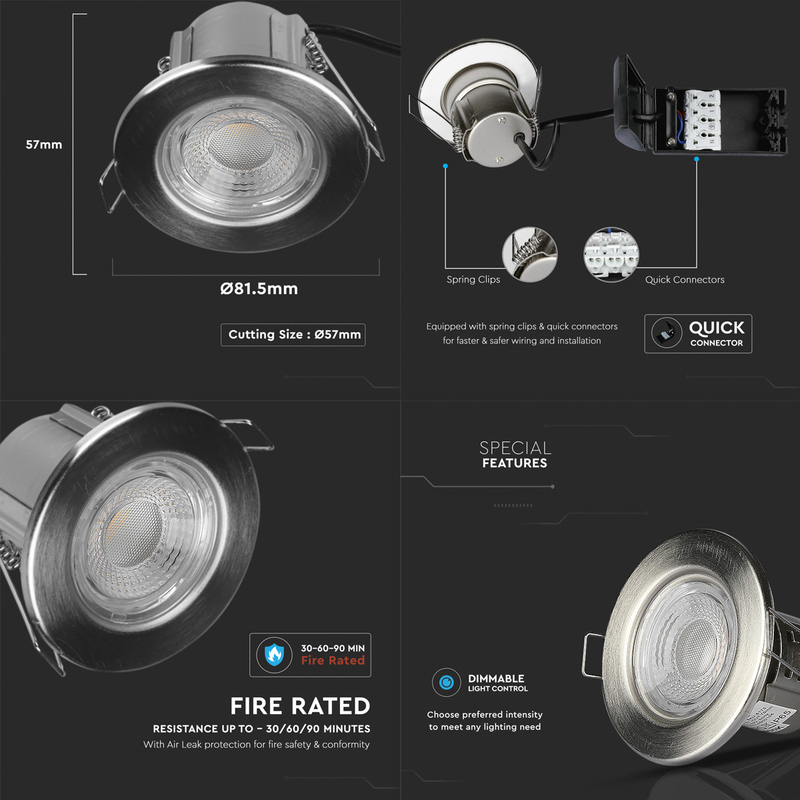 V-TAC LED 5W Integrated Dimmable Fire Rated IP65 Downlight Satin Nickel  440lm Cool White