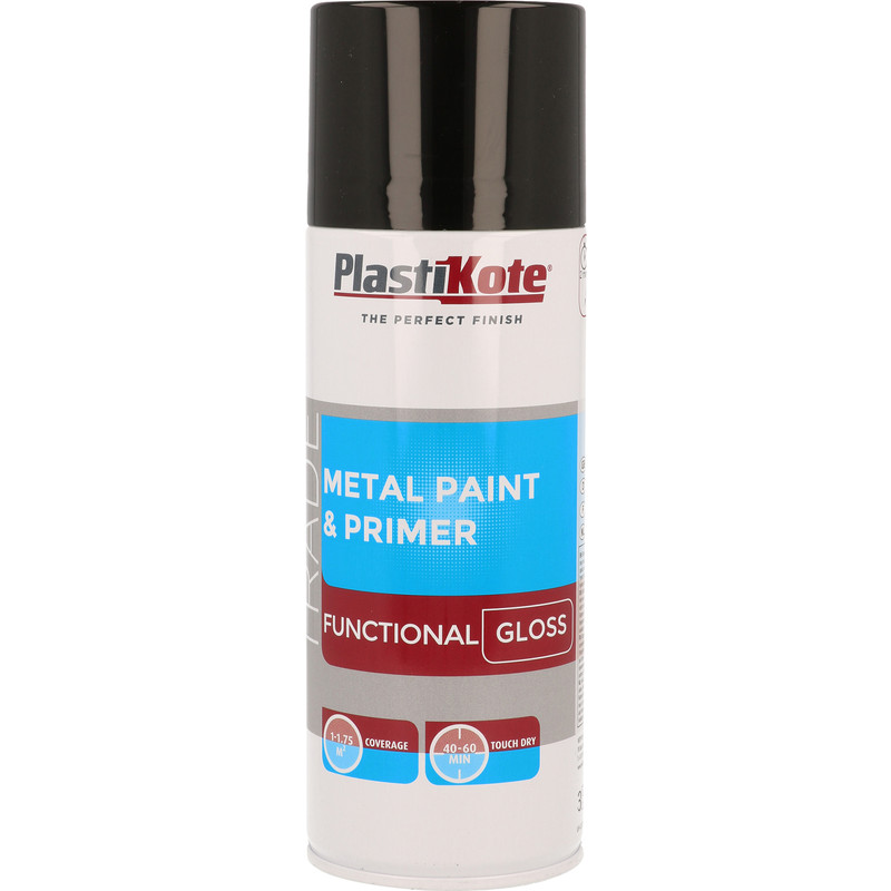 Plastikote Metal Paint & Primer Spray Paint 400ml Black Gloss