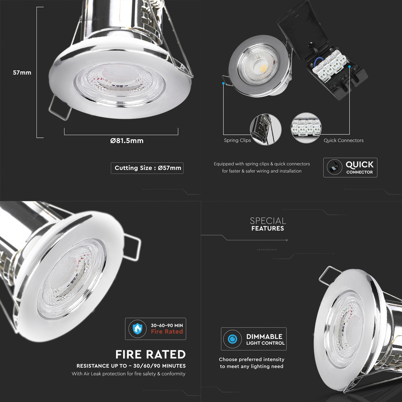V-TAC LED 5W Integrated Dimmable Fire Rated IP65 Downlight Chrome 440lm Warm White