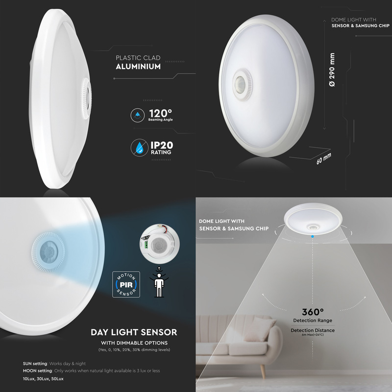 V-TAC LED IP20 Bulkhead with PIR Sensor Samsung Chip 12W 900lm 4000K