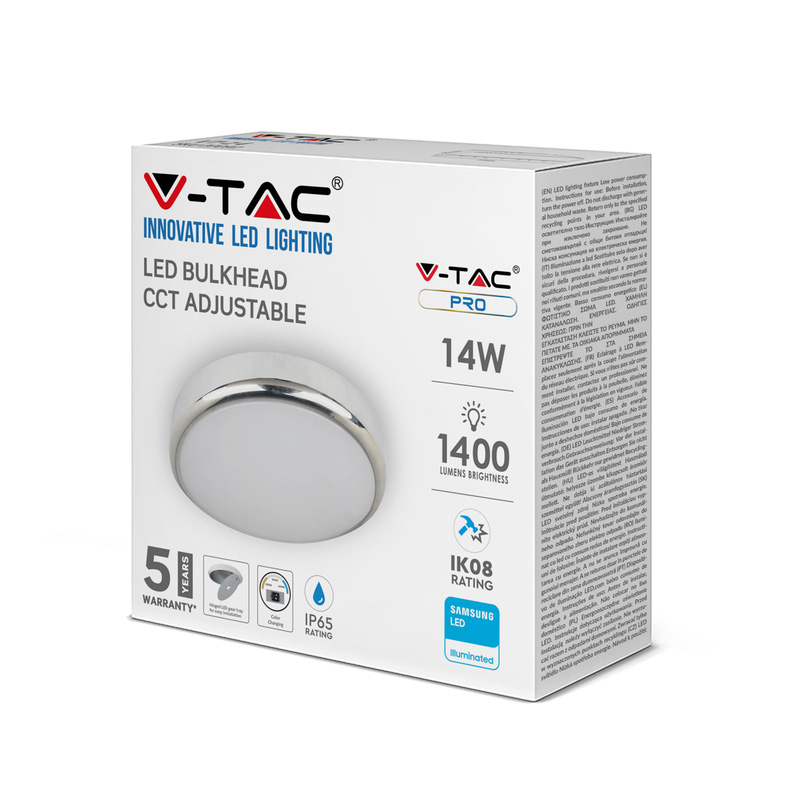 V-TAC IP65 LED Bulkhead CCT Adjustable with Samsung Chip 14W Chrome 1400lm CCT 3in1