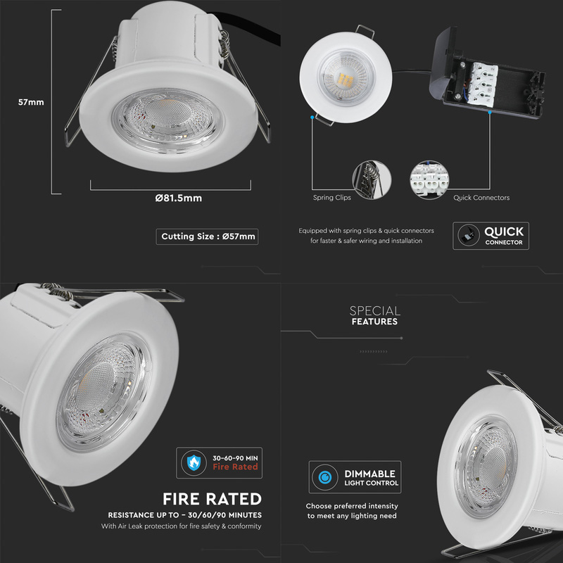V-TAC LED 5W Integrated Dimmable Fire Rated IP65 Downlight White 440lm Cool White