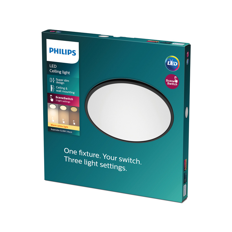 Philips CL550 Superslim LED IP20 Round Ceiling Light Dimmable Black 18W 1500lm Warm White