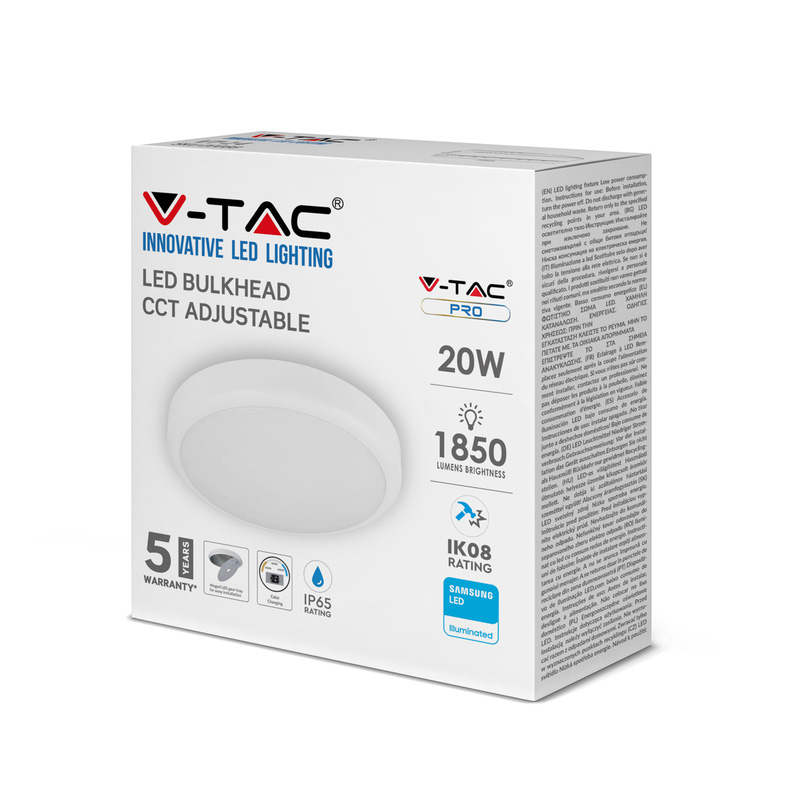 V-TAC IP65 LED Bulkhead CCT Adjustable with Samsung Chip 20W White 1850lm CCT 3in1