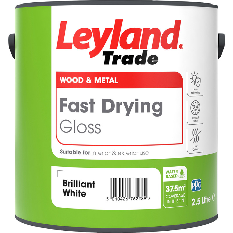 Leyland Trade Fast Drying Water Based Gloss Paint Brilliant White 2.5L
