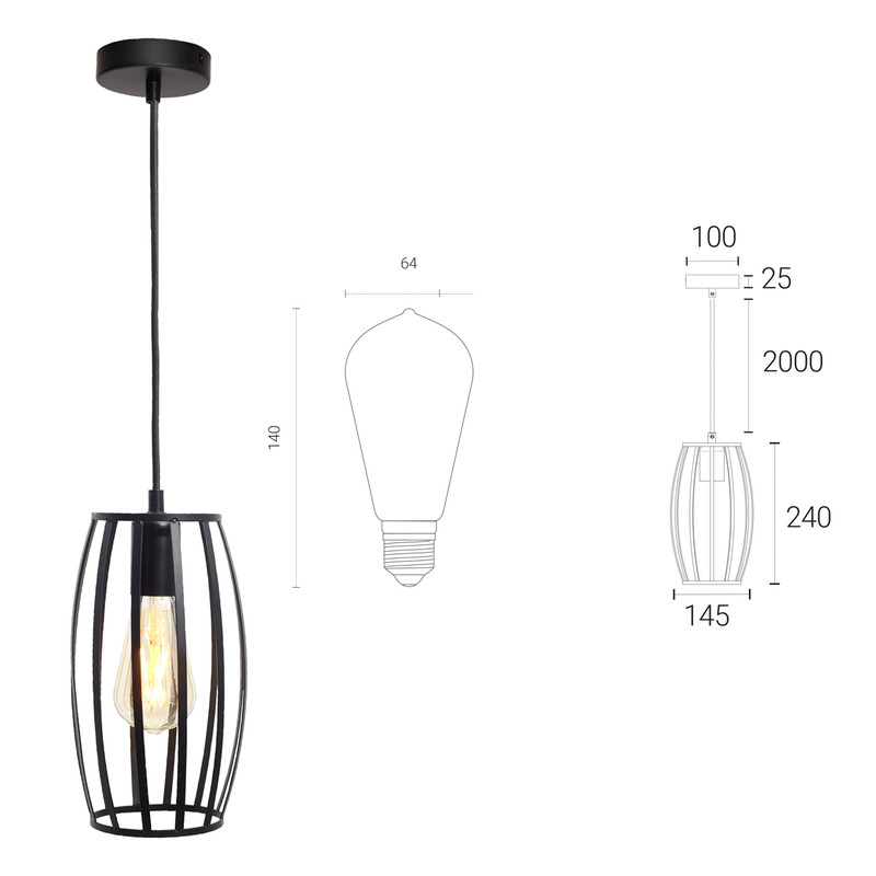 4lite WiZ Connected Decorative Single Black Pendant with Pear Shape Cage and ST64 6.5W LED Smart WiFi Bulb Warm to Cool White 720lm