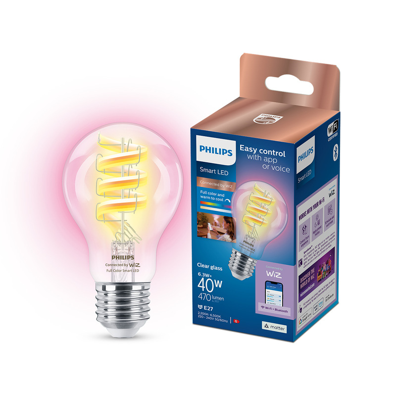 Philips WiZ LED Clear Filament Colour Smart Light Bulb A60 E27 40W