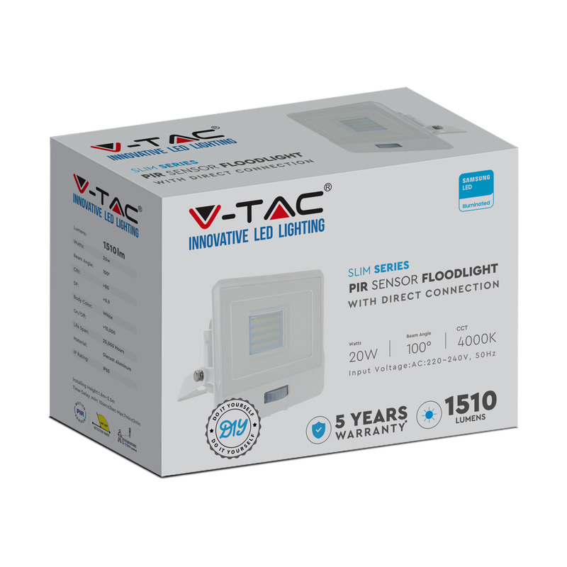 V-TAC IP65 LED PIR Sensor Floodlight with Samsung Chip 20W White 1510lm Cool White