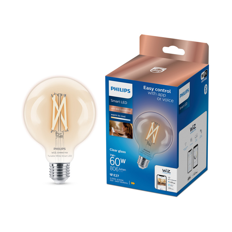 Philips WiZ LED Clear Filament Tunable White Smart Light Bulb G95 E27 60W