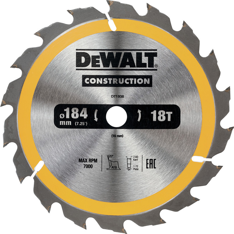 DeWalt Construction Circular Saw Blade 184 x 16mm x 18T