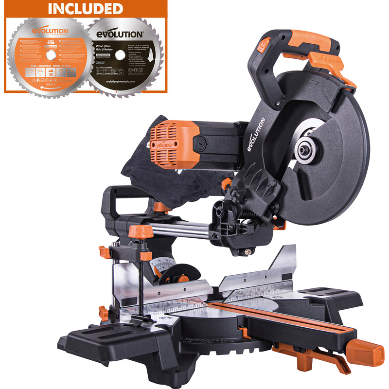 Evolution R255SMS-DB+ 255mm Multi-Material Double Bevel Sliding Mitre Saw Plus Pack 230V