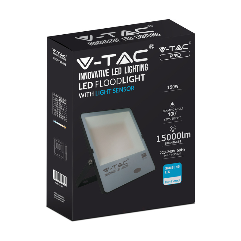 V-TAC IP65 LED Photocell Sensor Floodlight with Samsung Chip 150W Black 15000lm 4000K