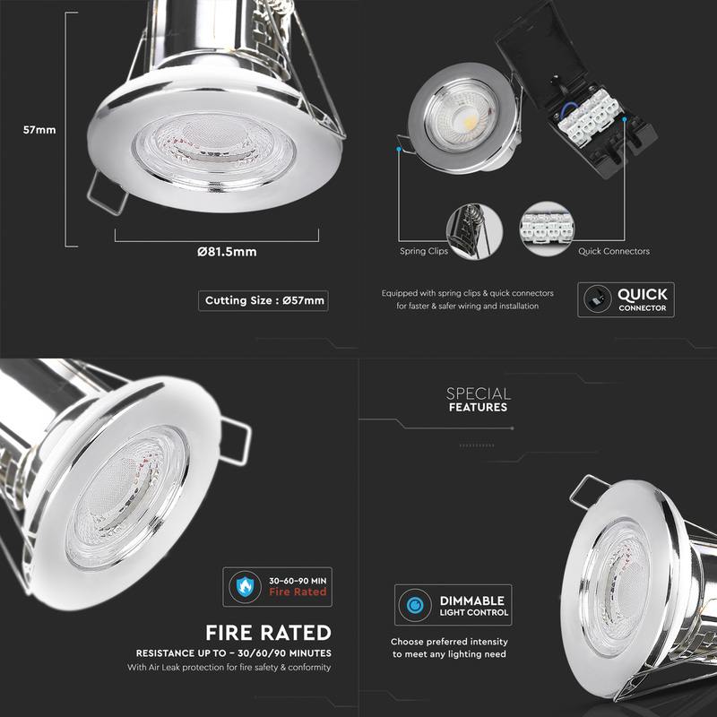 V-TAC LED 5W Integrated Dimmable Fire Rated IP65 Downlight Chrome 440lm Cool White