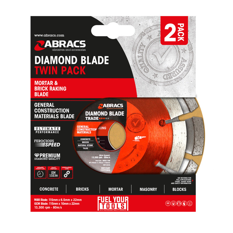 Abracs Brick Raking & General Purpose Diamond Blade Twin Pack 115 x 22mm