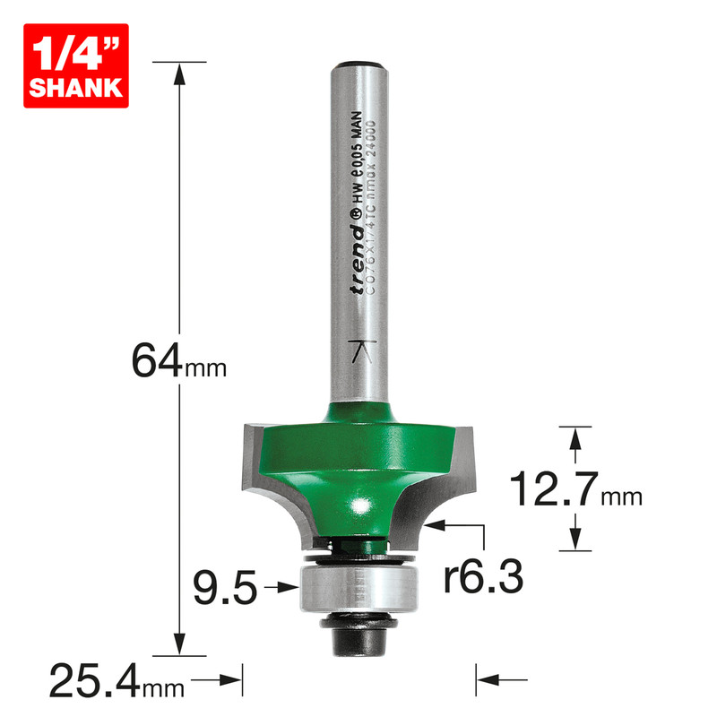 Trend 1/4" Round Over Router Cutter 6.3 x 12.7mm