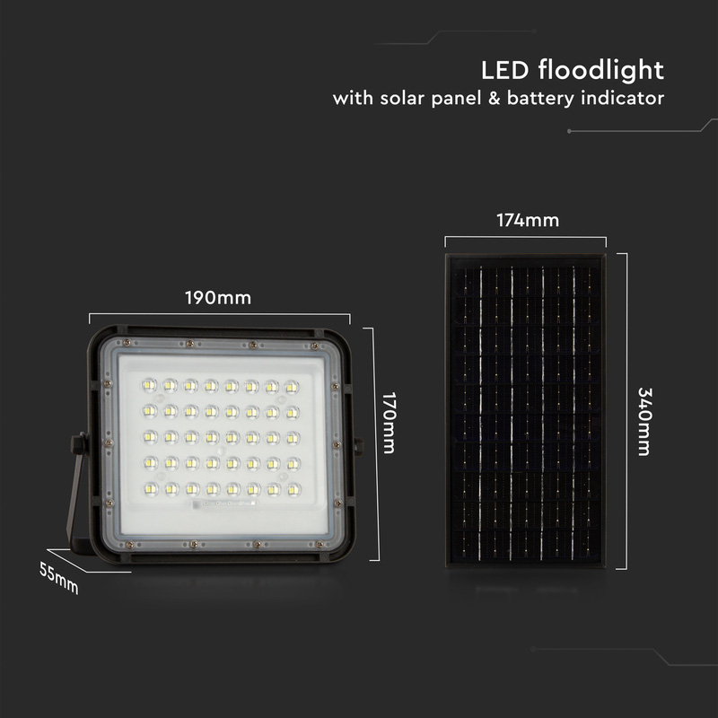V-TAC LED Floodlight with Solar Panel & Battery Indicator IP65 10W Black 800lm 4000K