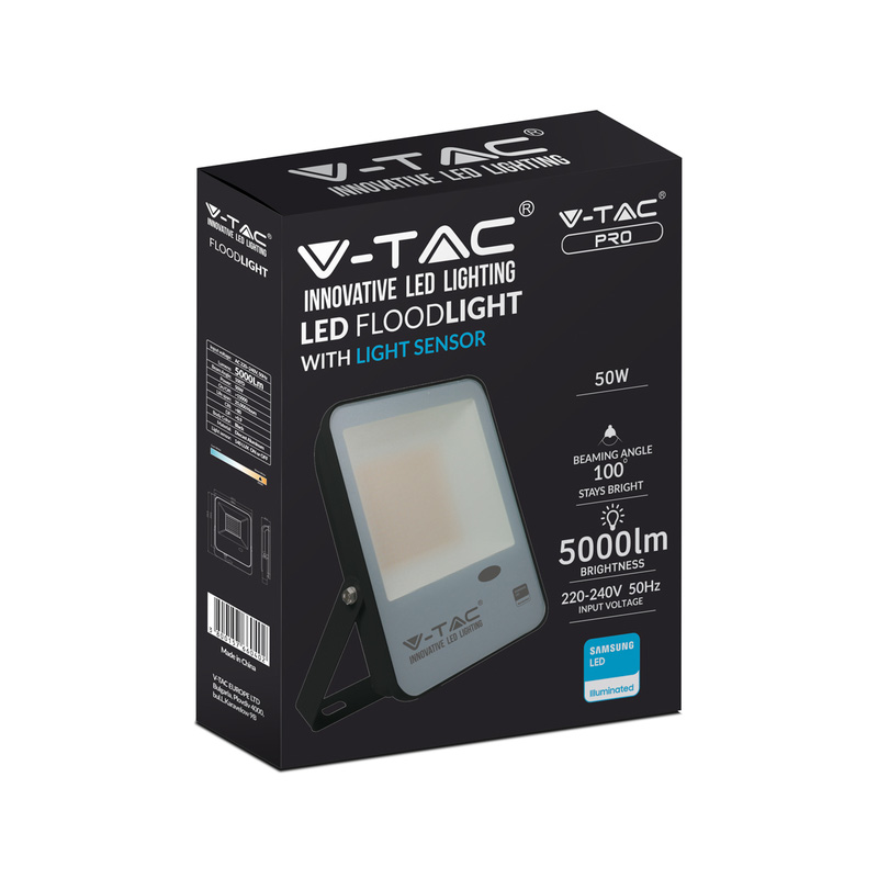 V-TAC IP65 LED Photocell Sensor Floodlight with Samsung Chip 50W Black 5000lm 4000K