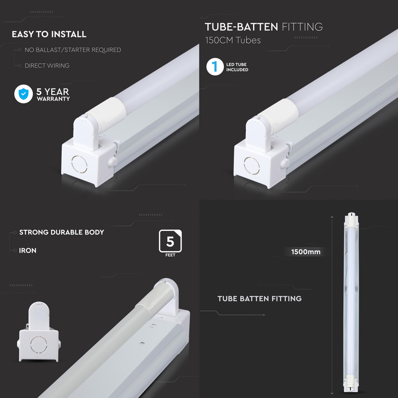 V-TAC LED Batten c/w Tubes IP20 Single 20W 1500mm 2100lm