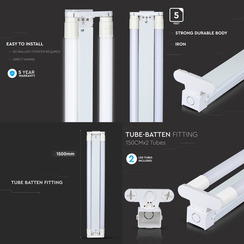 V-TAC LED Batten c/w Tubes IP20 Twin 20W 1500mm 4200lm