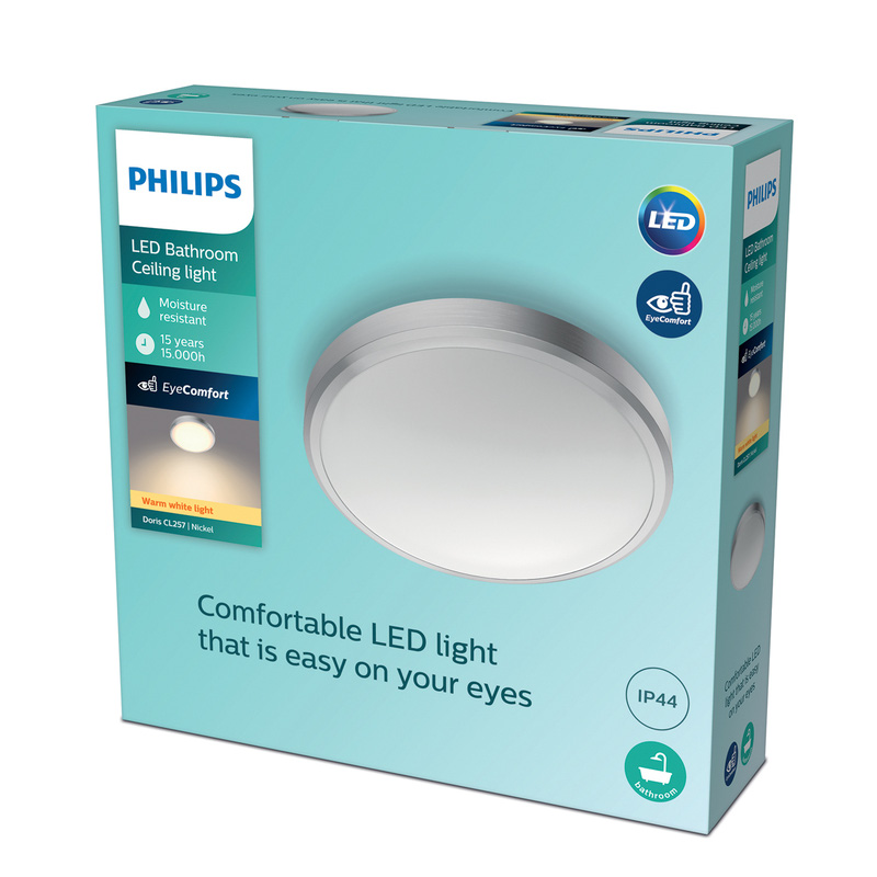 Philips Doris CL257 LED Round IP44 Ceiling Light Nickel 17W 1500lm Warm White