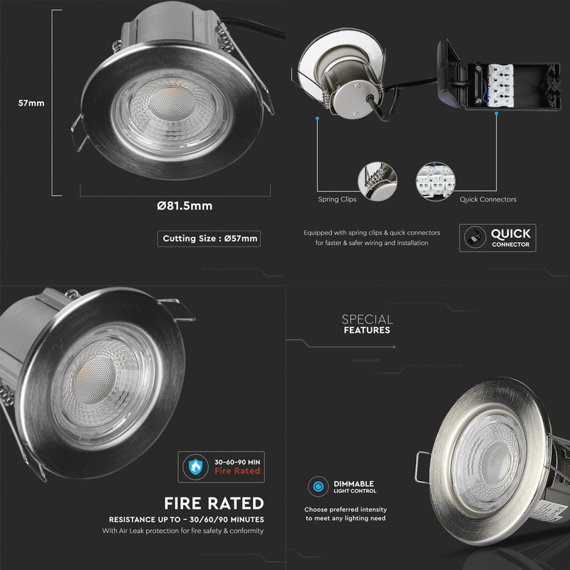 V-TAC LED 5W Integrated Dimmable Fire Rated IP65 Downlight Satin Nickel 440lm Warm White