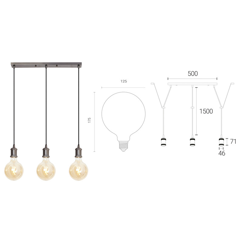 4lite WiZ Connected Decorative 3 Way Bar Pendant Blackened Silver with 3 x 6.5W WiFi Smart LED Globe Bulbs Warm to Cool White 725lm