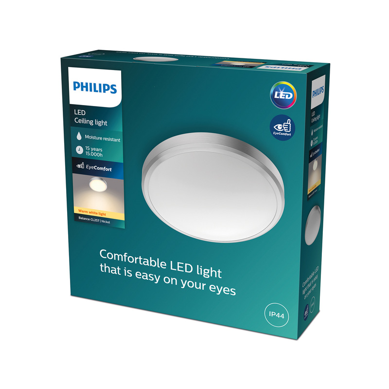 Philips Balance CL257 LED Round IP44 Ceiling Light Nickel 17W 1500lm Warm White