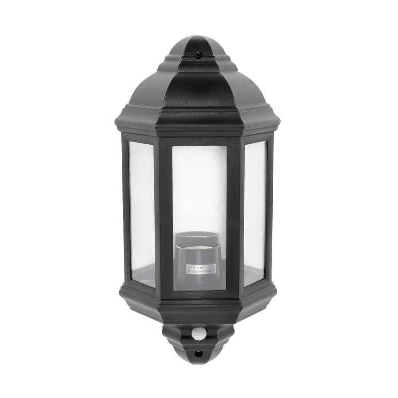 60W PIR IP44 Half Lantern Black