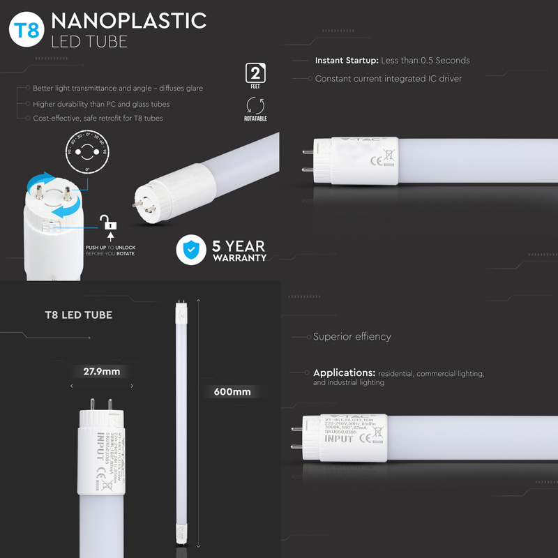 V-TAC T8 Nano Plastic LED Tube 10W 600mm 850lm 4000K