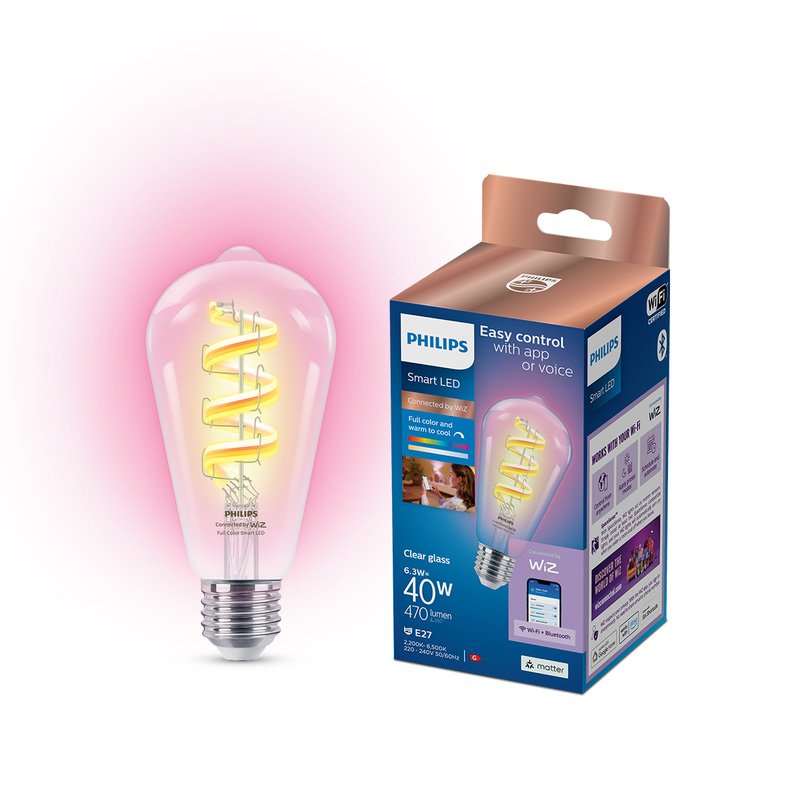 Philips WiZ LED Clear Filament Colour Smart Light Bulb ST64 E27 40W