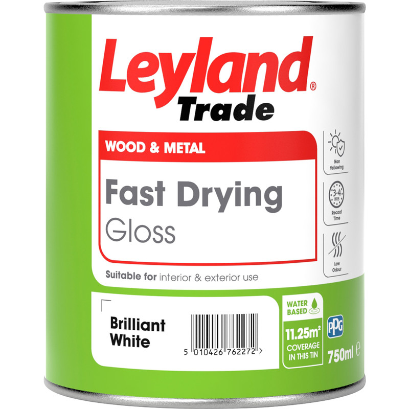 Leyland Trade Fast Drying Water Based Gloss Paint Brilliant White 750ml