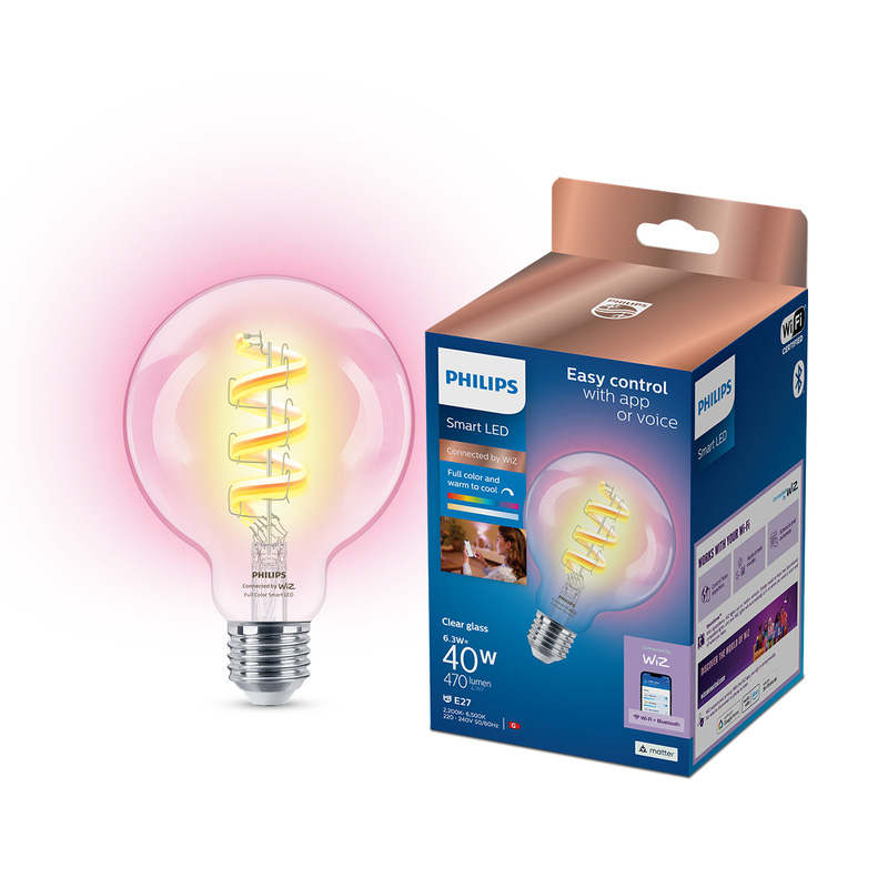 Philips WiZ LED Clear Filament Colour Smart Light Bulb G95 E27 40W