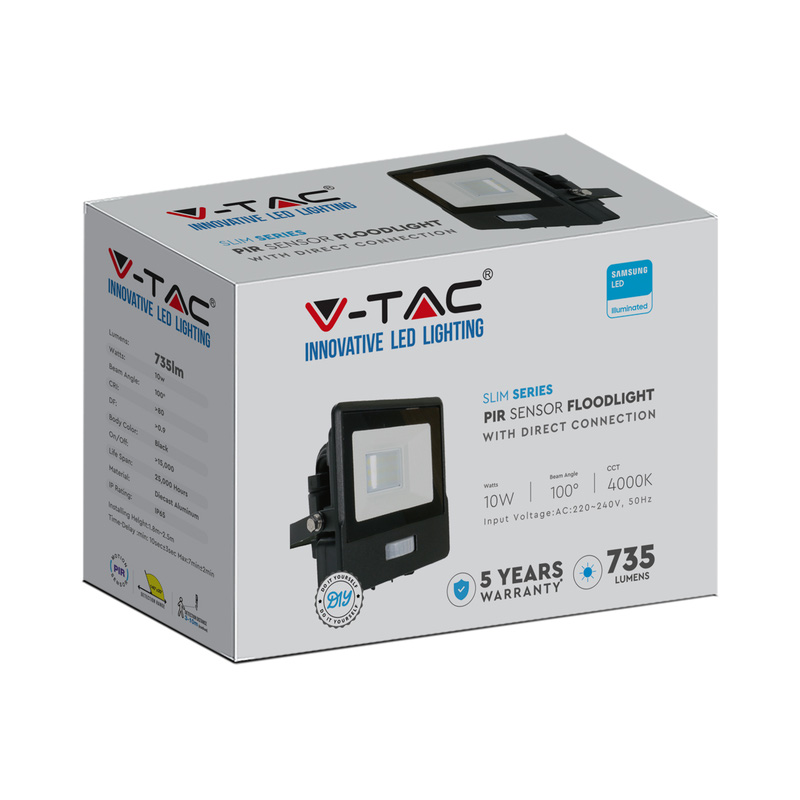V-TAC IP65 LED PIR Sensor Floodlight with Samsung Chip 10W Black 735lm Cool White