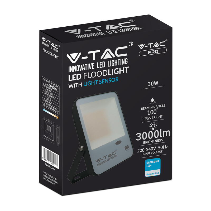 V-TAC IP65 LED Photocell Sensor Floodlight with Samsung Chip 30W Black 3000lm 6500K