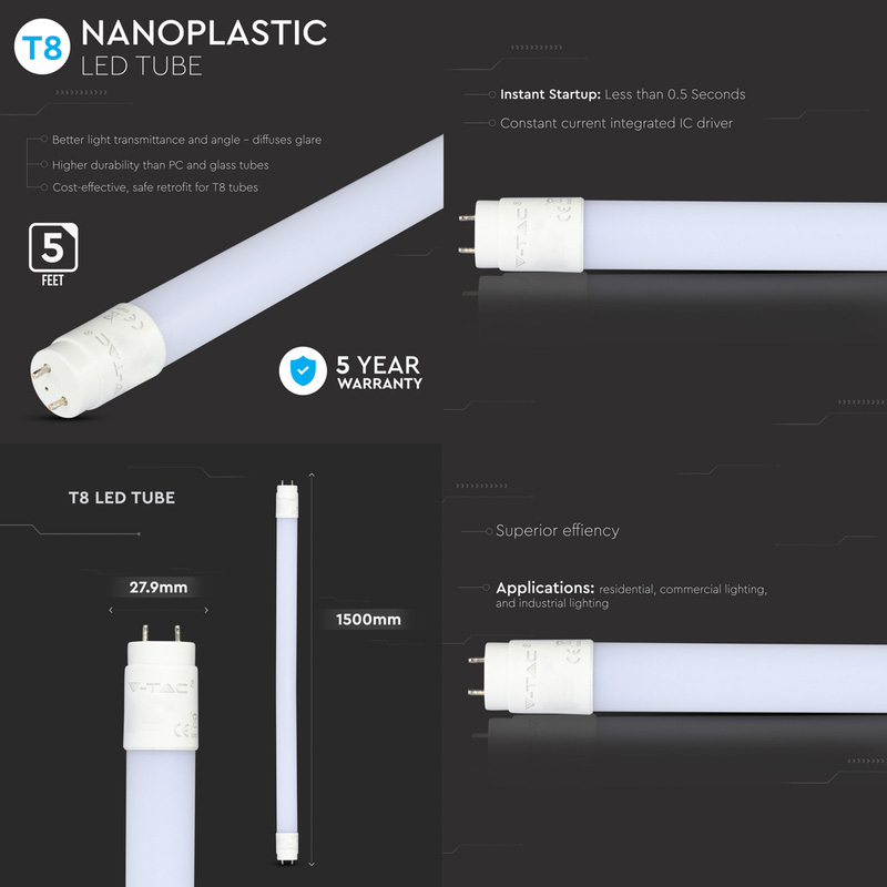 V-TAC T8 Nano Plastic LED Tube 20W 1500mm 2100lm 4000K