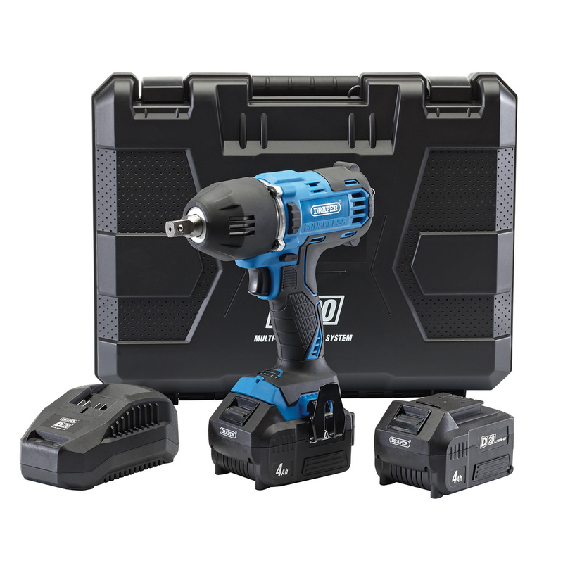 Draper D20 20V Brushless Mid-Torque Impact Wrench, 1/2", 400Nm 2 x 4.0Ah