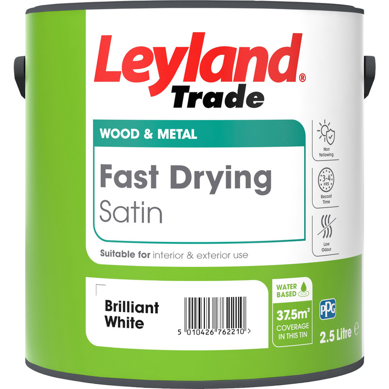 Leyland Trade Fast Drying Water Based Satin Paint Brilliant White 2.5L
