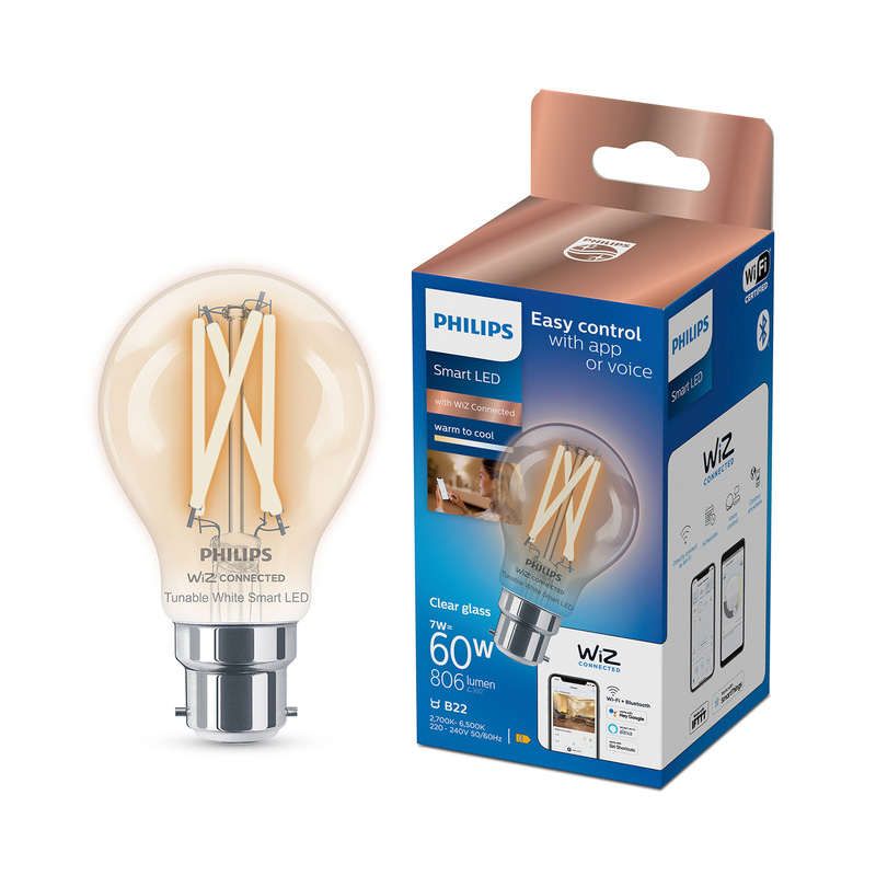 Philips WiZ LED Clear Filament Tunable White Smart Light Bulb A60 B22 60W
