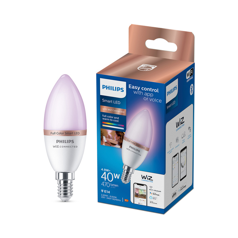 Philips WiZ LED C37 Colour Smart Light Bulb E14 40W