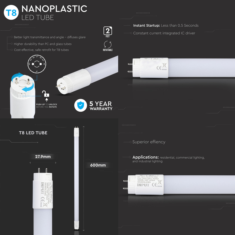 V-TAC T8 Nano Plastic LED Tube 10W 600mm 850lm 6400K