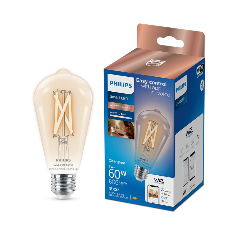 Philips WiZ LED Clear Filament Tunable White Smart Light Bulb ST64 E27 60W