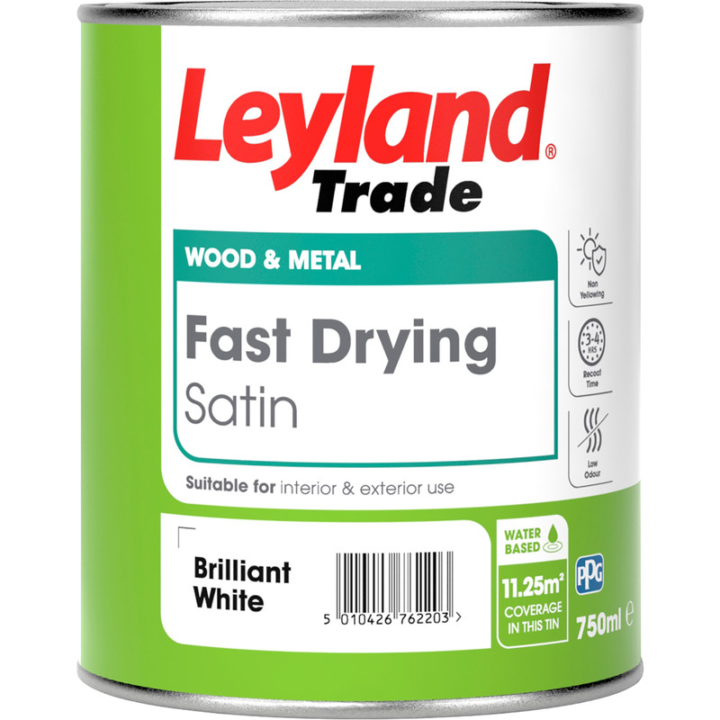 Leyland Trade Fast Drying Water Based Satin Paint Brilliant White 750ml
