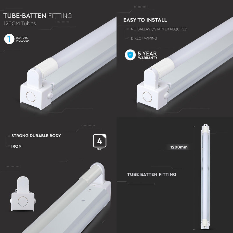 V-TAC LED Batten c/w Tubes IP20 Single 18W 1200mm 1850lm