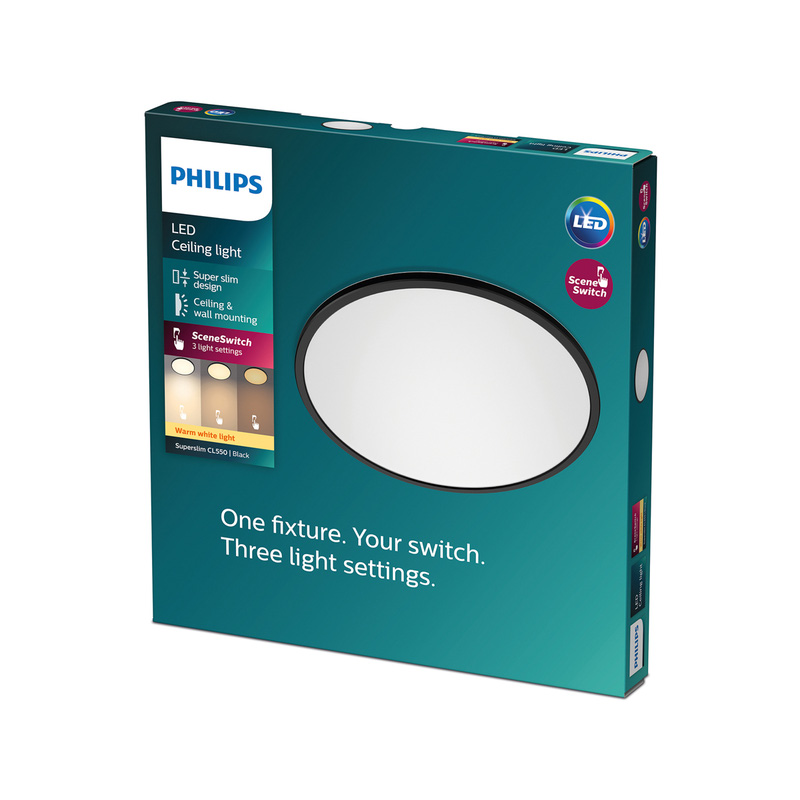Philips CL550 Superslim LED IP20 Round Ceiling Light Dimmable Black 15W 1300lm Warm White