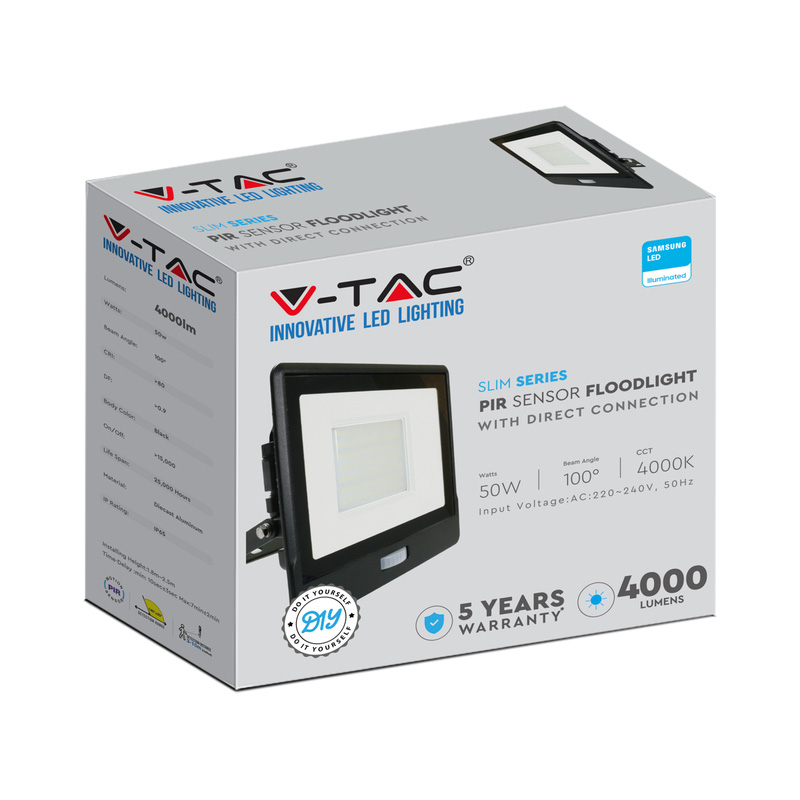 V-TAC IP65 LED PIR Sensor Floodlight with Samsung Chip 50W Black 4000lm Cool White