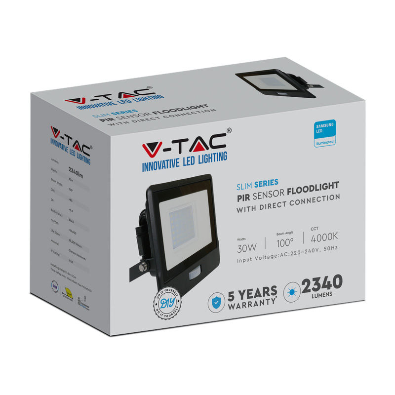 V-TAC IP65 LED PIR Sensor Floodlight with Samsung Chip 30W Black 2340lm Cool White