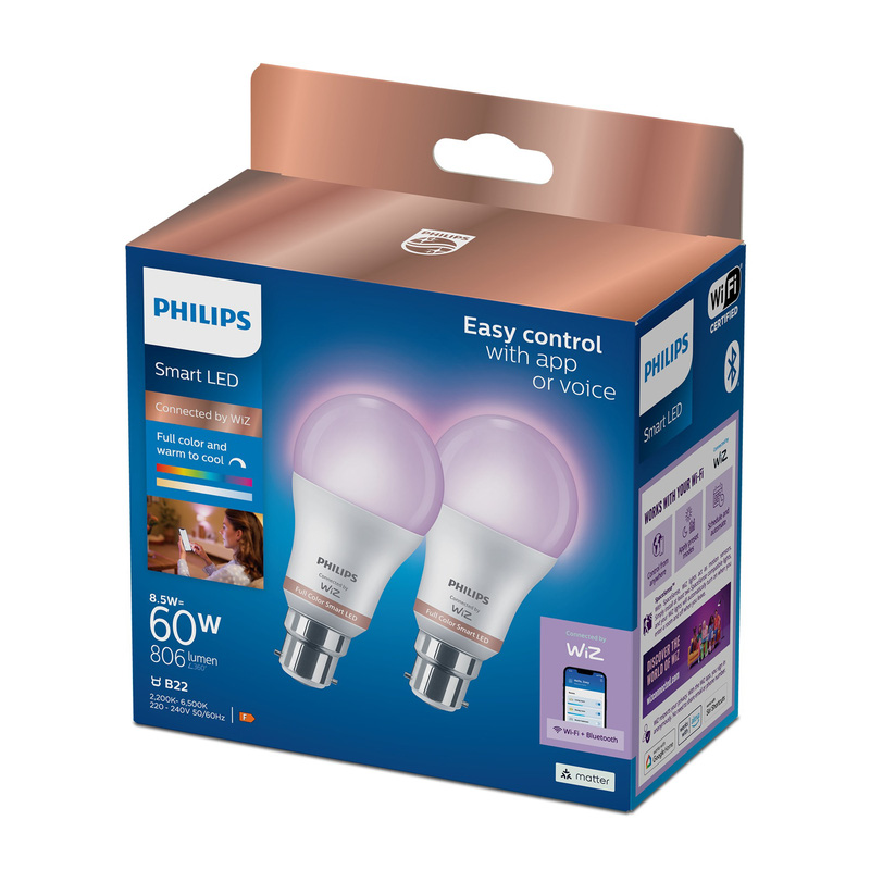 Philips WiZ LED A60 Colour Smart Light Bulb B22 60W