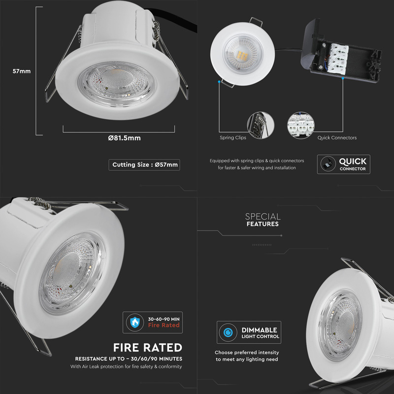 V-TAC LED 5W Integrated Dimmable Fire Rated IP65 Downlight White 440lm Warm White