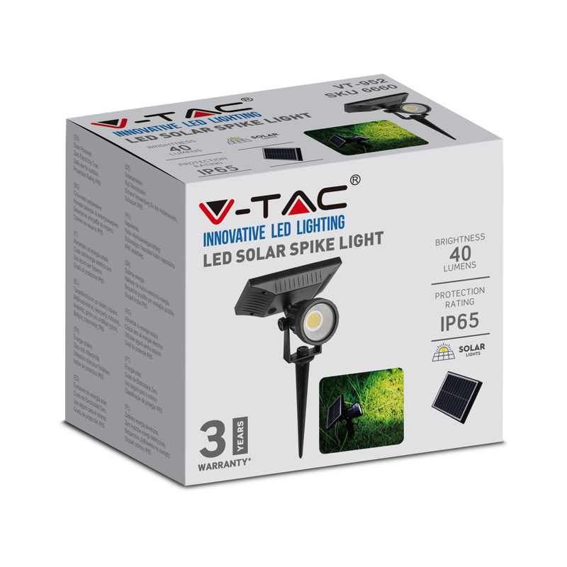 V-TAC 2W LED IP65 Solar Spike Light Black 40lm Warm White